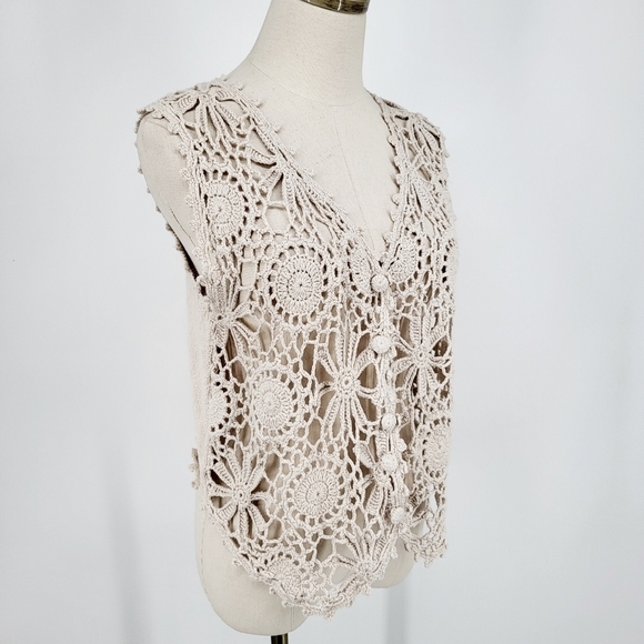 Vintage Hand Knit Floral Vest Tan Linen Cotton Boho Small - Picture 7 of 7